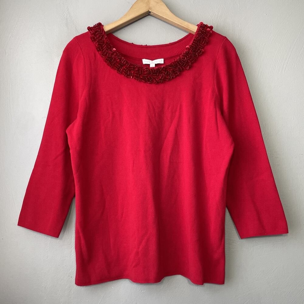 RSVP Talbots Sweater Size Medium Red Sequin Embellished Neck Pin Up Valentines